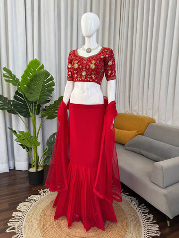Gorgeous Red Faux Georgette with Sequence Work Lehenga