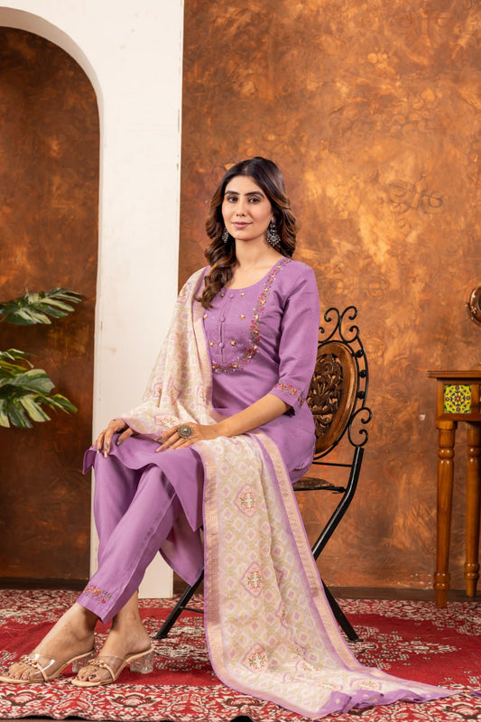 Lovely Purple Marina Silk Kurti With Multi Embroidery Work Set