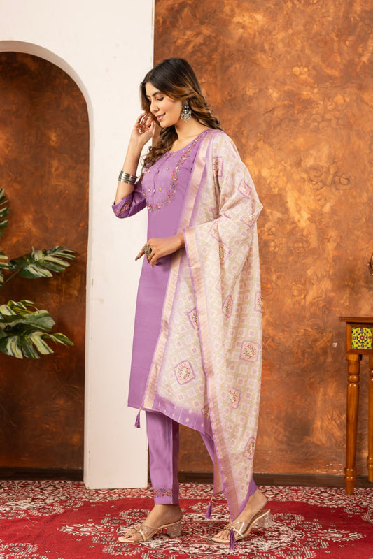 Lovely Purple Marina Silk Kurti With Multi Embroidery Work Set