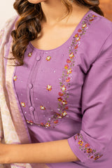Lovely Purple Marina Silk Kurti With Multi Embroidery Work Set