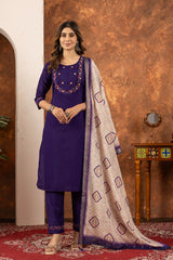Lovely Purple Marina Silk Kurti With Multi Embroidery Work Set