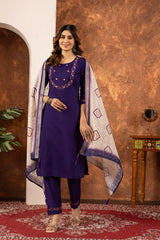 Lovely Purple Marina Silk Kurti With Multi Embroidery Work Set