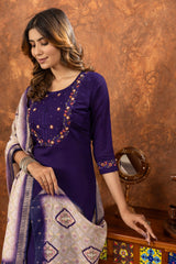 Lovely Purple Marina Silk Kurti With Multi Embroidery Work Set