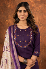 Lovely Purple Marina Silk Kurti With Multi Embroidery Work Set