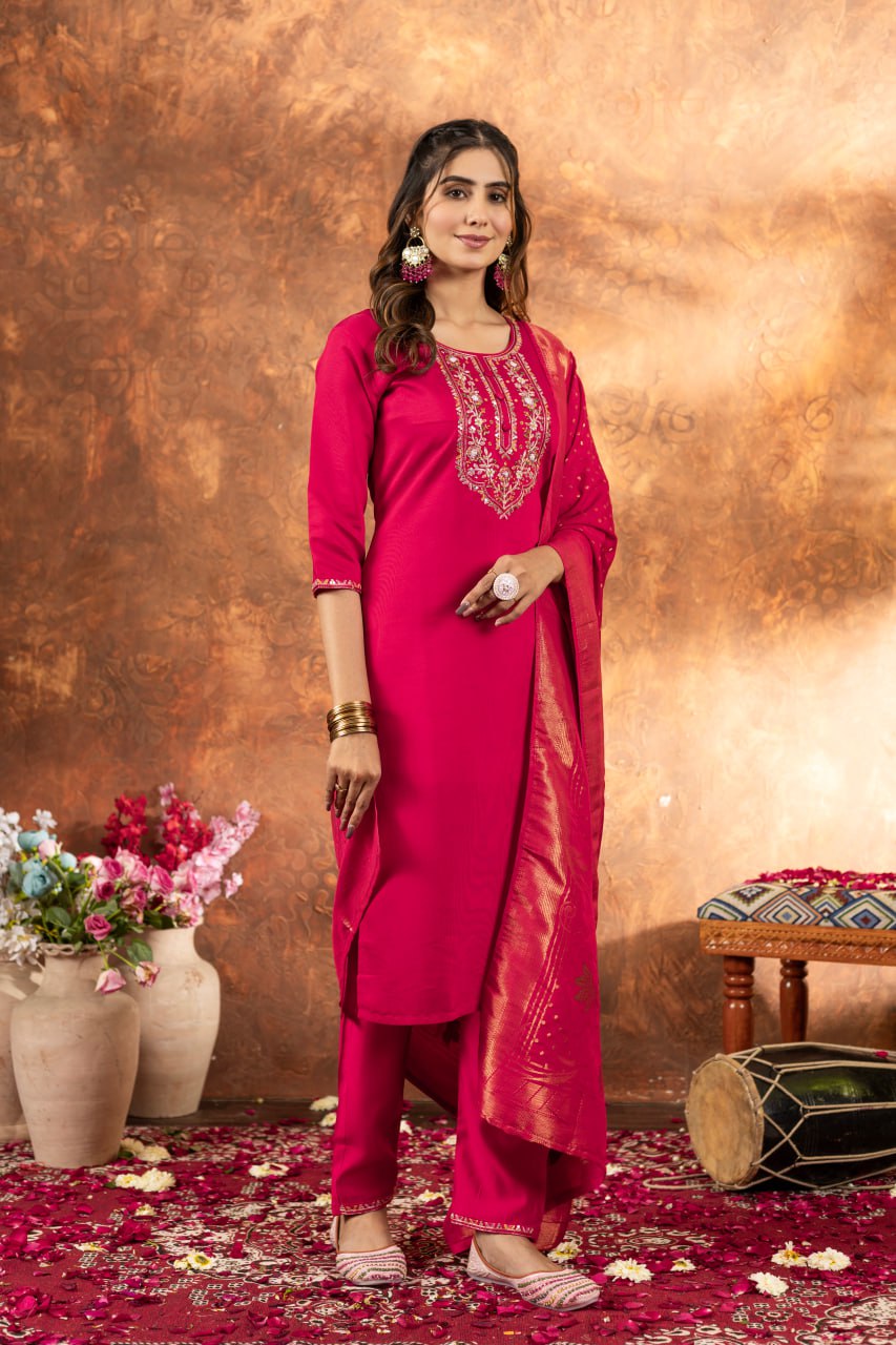 Exclusive Pink Marina Silk Multi Embroidery Kurti Set