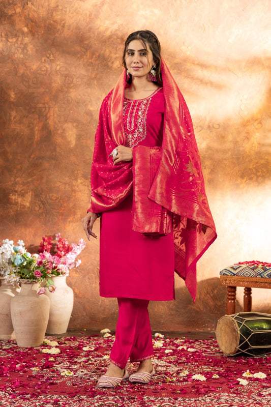 Exclusive Pink Marina Silk Multi Embroidery Kurti Set