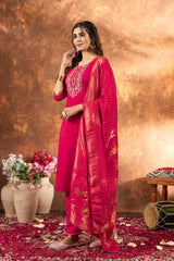 Exclusive Pink Marina Silk Multi Embroidery Kurti Set