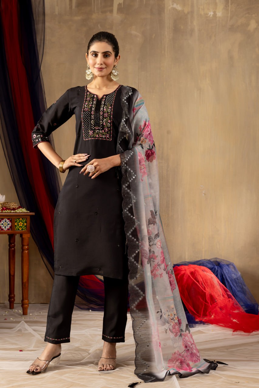 Pretty Rama Green Roman Silk Multi Embroidery Kurti Set