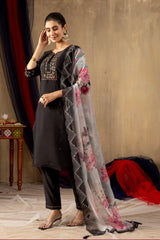 Pretty Rama Green Roman Silk Multi Embroidery Kurti Set
