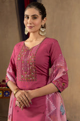 Pretty Rama Green Roman Silk Multi Embroidery Kurti Set
