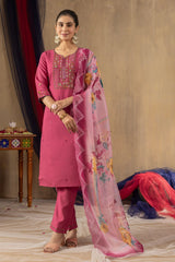 Pretty Rama Green Roman Silk Multi Embroidery Kurti Set