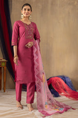 Pretty Rama Green Roman Silk Multi Embroidery Kurti Set