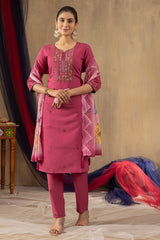 Pretty Rama Green Roman Silk Multi Embroidery Kurti Set