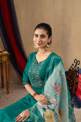 Pretty Rama Green Roman Silk Multi Embroidery Kurti Set