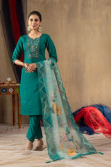Pretty Rama Green Roman Silk Multi Embroidery Kurti Set