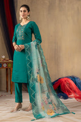Pretty Rama Green Roman Silk Multi Embroidery Kurti Set