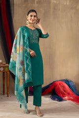 Pretty Rama Green Roman Silk Multi Embroidery Kurti Set