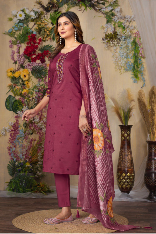 Charming Wine Viscose Roman Silk Multi Embroidery Kurti Set