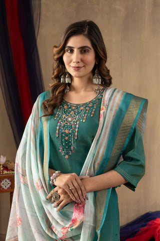Exclusive Gold Silk with Multi Embroidery Work Kurti Set