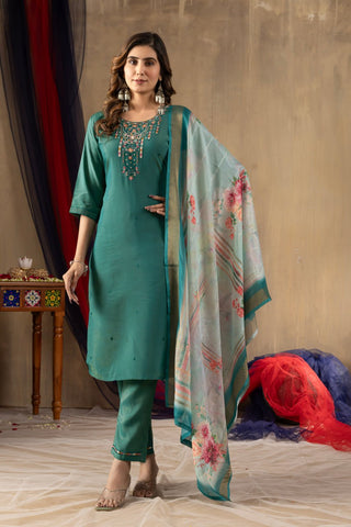 Exclusive Gold Silk with Multi Embroidery Work Kurti Set
