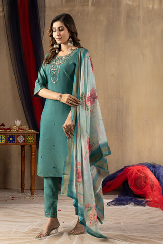 Exclusive Gold Silk with Multi Embroidery Work Kurti Set
