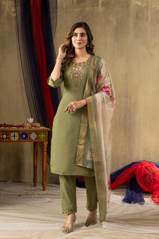 Exclusive Gold Silk with Multi Embroidery Work Kurti Set