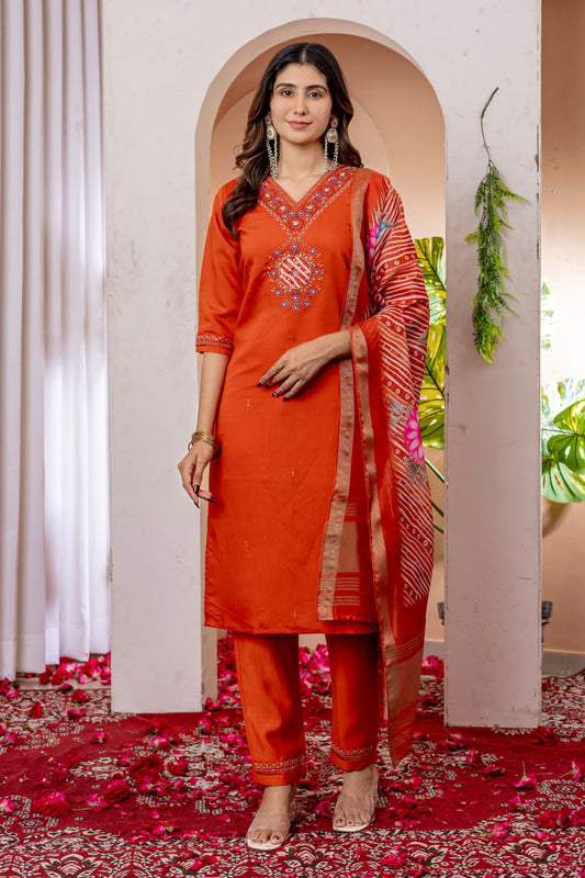 Orange Marina Viscose Silk Multi Embroidery Work Kurti Set