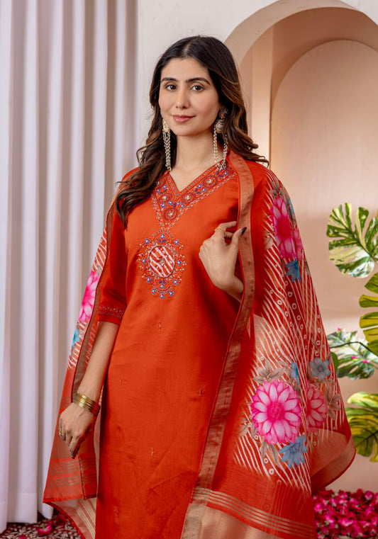 Orange Marina Viscose Silk Multi Embroidery Work Kurti Set