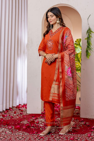 Orange Marina Viscose Silk Multi Embroidery Work Kurti Set