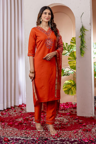 Orange Marina Viscose Silk Multi Embroidery Work Kurti Set