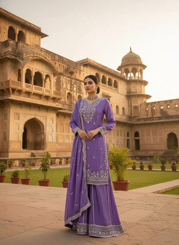 Exclusive Purple JMC Silk with Sequence Work Palazzo Suit