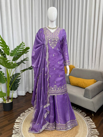 Exclusive Purple JMC Silk with Sequence Work Palazzo Suit