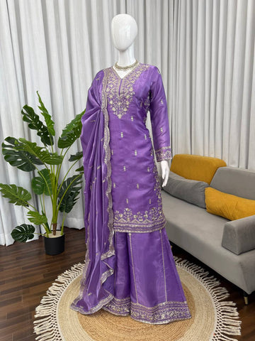 Exclusive Purple JMC Silk with Sequence Work Palazzo Suit