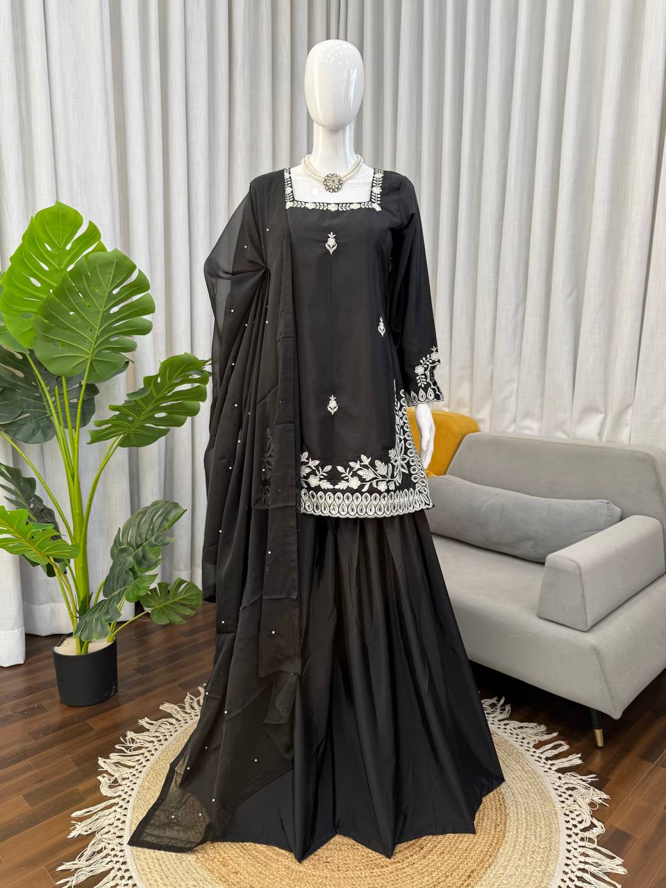 Black Heavy Crep with Thread And Sequence Work Palazzo Suit