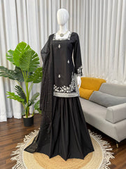 Black Heavy Crep with Thread And Sequence Work Palazzo Suit