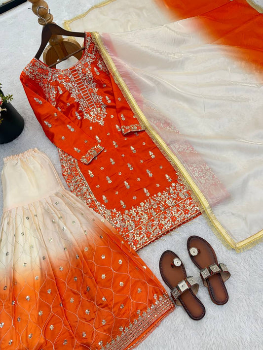 Fabulous Orange Silk with Sequence Work Sharara Suit