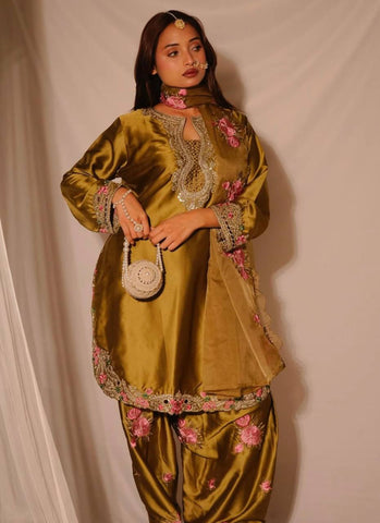 Lovely Golden Satin with Embroidery Work Sharara Suit