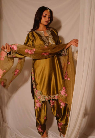Lovely Golden Satin with Embroidery Work Sharara Suit