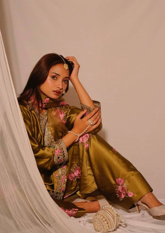 Lovely Golden Satin with Embroidery Work Sharara Suit