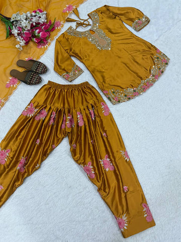 Lovely Golden Satin with Embroidery Work Sharara Suit