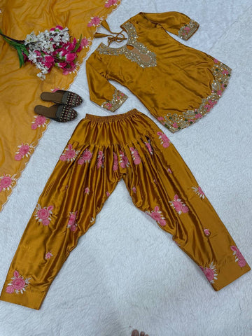 Lovely Golden Satin with Embroidery Work Sharara Suit