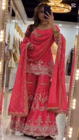 Amazing Pink Heavy Fox Georgette Work Sharara Suit
