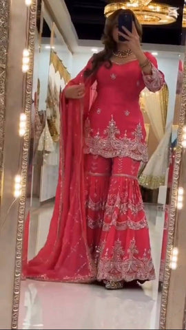 Amazing Pink Heavy Fox Georgette Work Sharara Suit