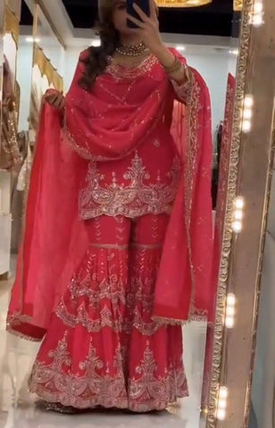 Amazing Pink Heavy Fox Georgette Work Sharara Suit