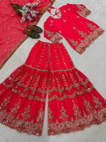 Amazing Pink Heavy Fox Georgette Work Sharara Suit