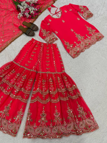 Amazing Pink Heavy Fox Georgette Work Sharara Suit