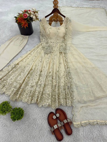 Crunchy Silk Embroidery Work Cream Color Anarkali Suit