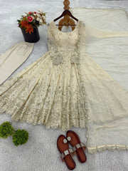 Crunchy Silk Embroidery Work Cream Color Anarkali Suit