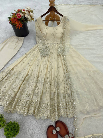Crunchy Silk Embroidery Work Cream Color Anarkali Suit