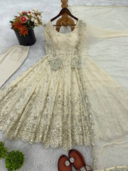 Crunchy Silk Embroidery Work Cream Color Anarkali Suit